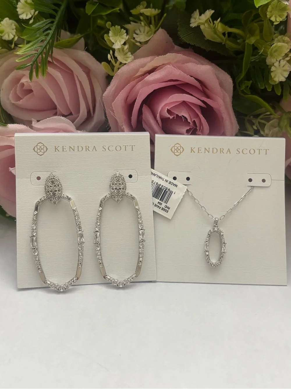 NWT Kendra Scott set of Essie Open Frame Earrings + necklace in silver White CZ